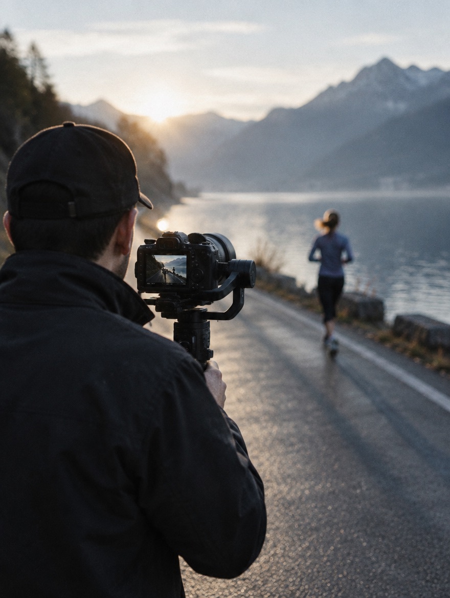 Videograf filmt einen Läufer mit Gimbal